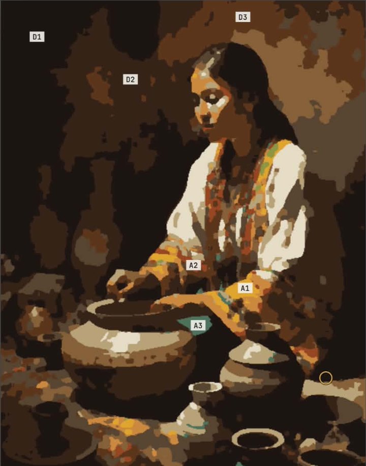 The same painting in the Analyze tool, reduced to its key colors, with the dominant colors marked D1 to D3 and the accents A1 to A3