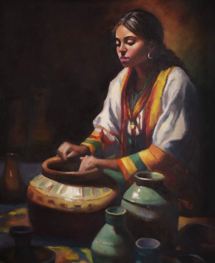 The Artisan at Market, an oil painting by T. Zimmer: a woman in a white blouse with striped sleeves working at a large clay pot, warmly lit against a dark background, with turquoise jars in front