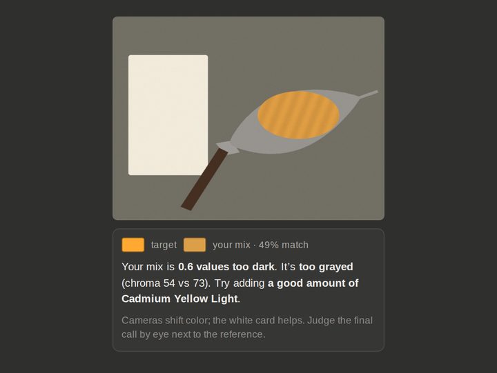 Check my mix: a photo of paint on a knife and the verdict that it is a little too dark and too grayed
